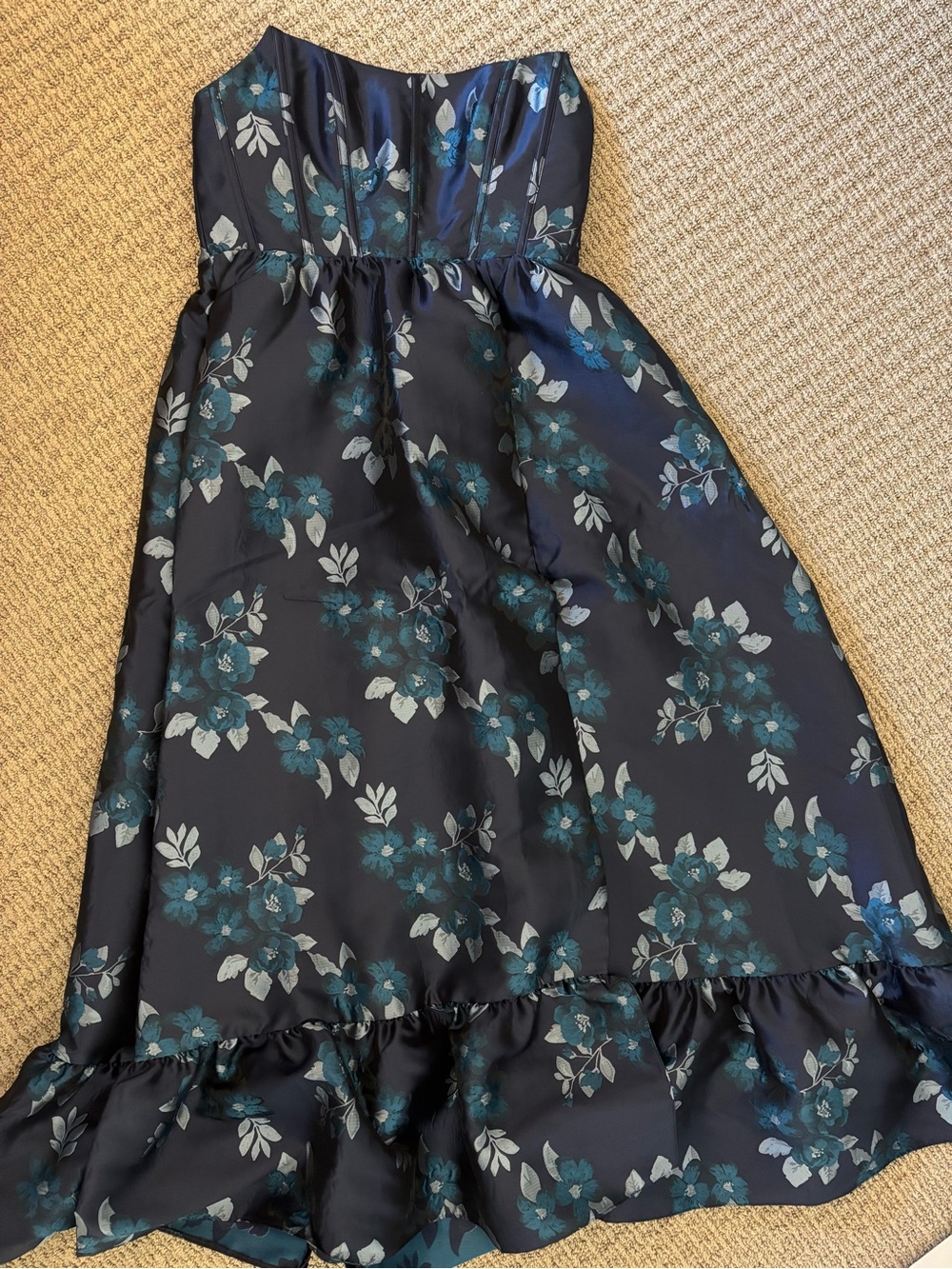 Dessy Collection Strapless Bodice Maxi Dress – Midnight Navy Damask, Size 12R